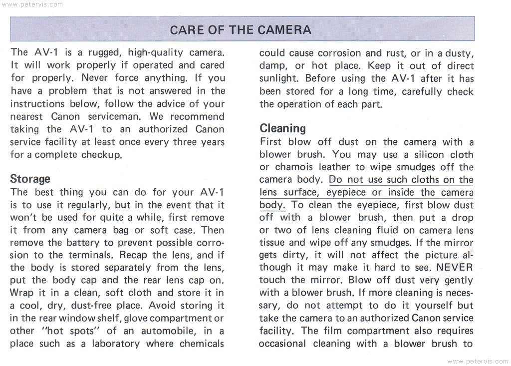 Canon AV-1 Caring of the Camera - Manual Page 68